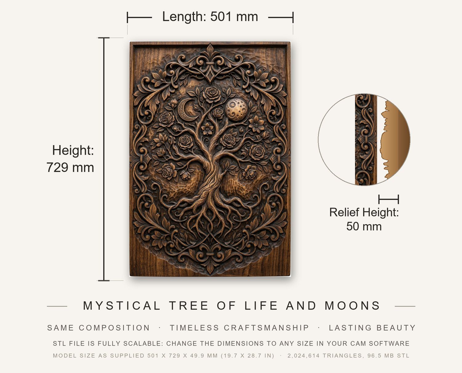 Mystical Tree of Life and Moons CNC Relief STL bas-relief STL — view 3