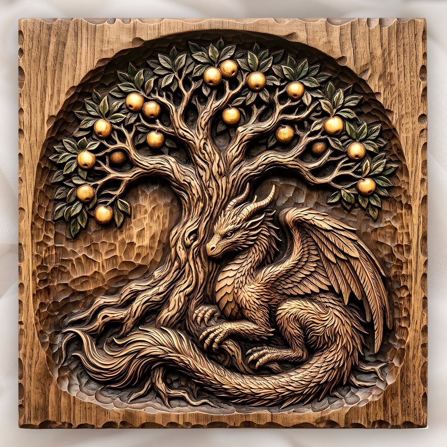 Mythical Dragon Under Fruit Tree CNC Relief STL | Fantasy Wood Carving Design | Ornate Decorative Wall Panel Art — carved bas relief STL file for CNC