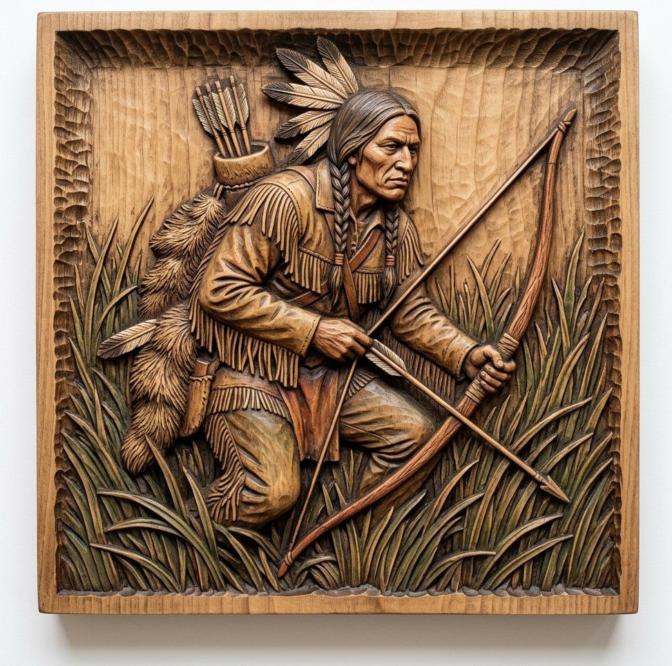 Native American Archer Wall Art | Indigenous Hunter Wood Carving Design | Warrior Relief Panel | Rustic Cabin Decor Woodwork — carved bas relief STL file for CNC