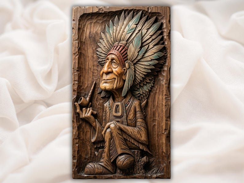 Bas-relief carving of a seated Native American chief with a feather headdress holding a long pipe.