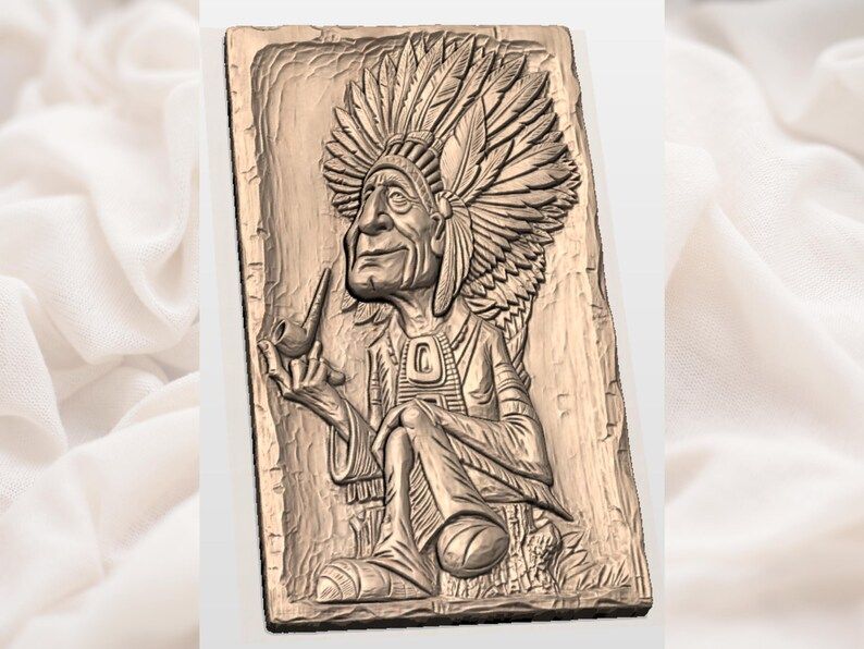 Seated Native Chief with Feather Headdress Bas-Relief STL bas-relief STL — view 2