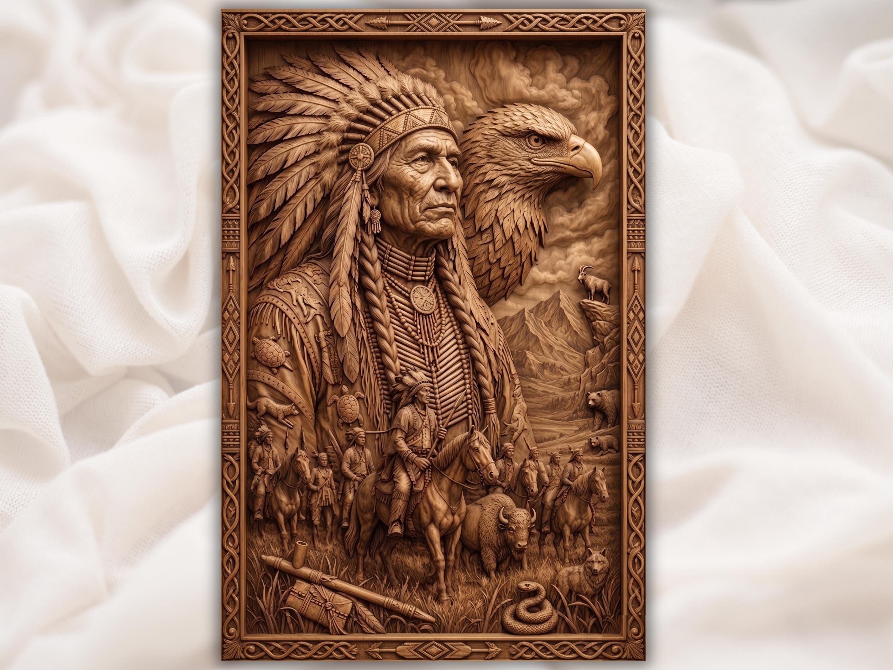 Bas-relief carving of a Native American chief in feathered headdress with an eagle, horseback warriors, bison and mountains.