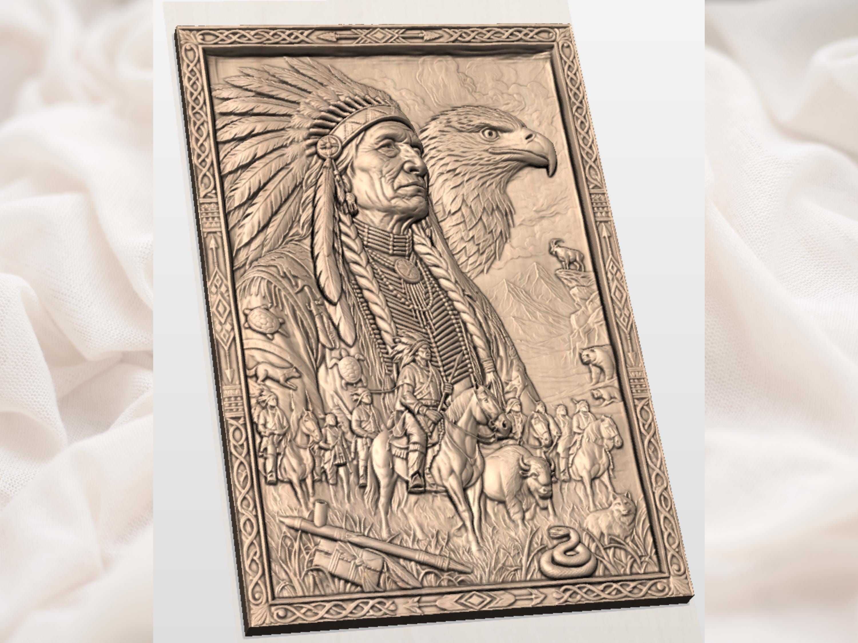 Native American Chief and Eagle Bas-Relief STL Carving bas-relief STL — view 2