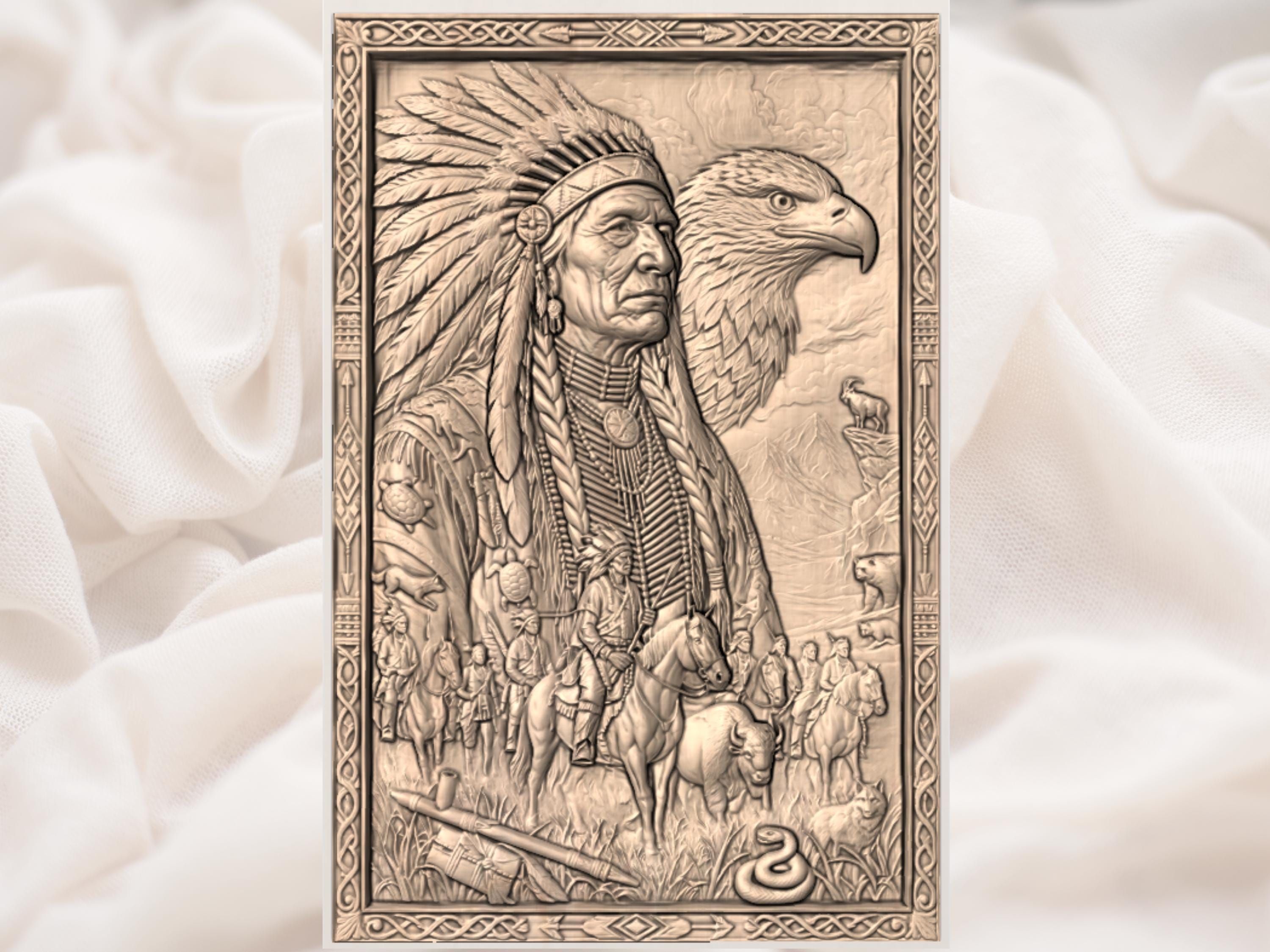 Native American Chief and Eagle Bas-Relief STL Carving bas-relief STL — view 3