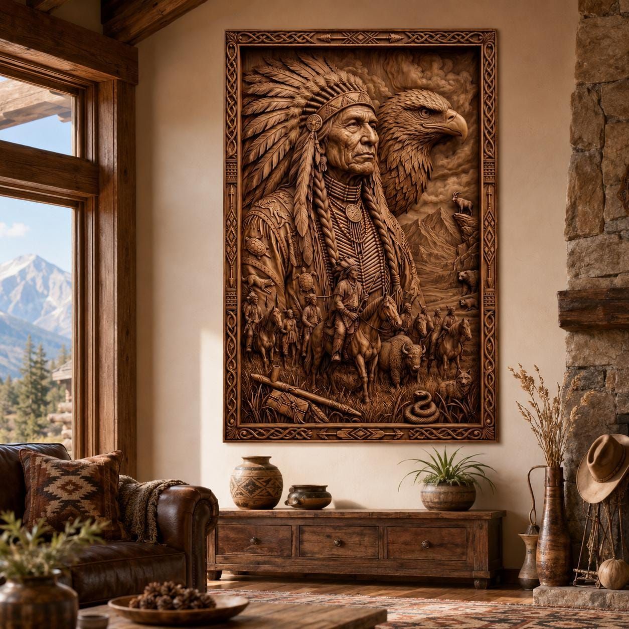 Native American Chief and Eagle Bas-Relief STL Carving bas-relief STL — view 5
