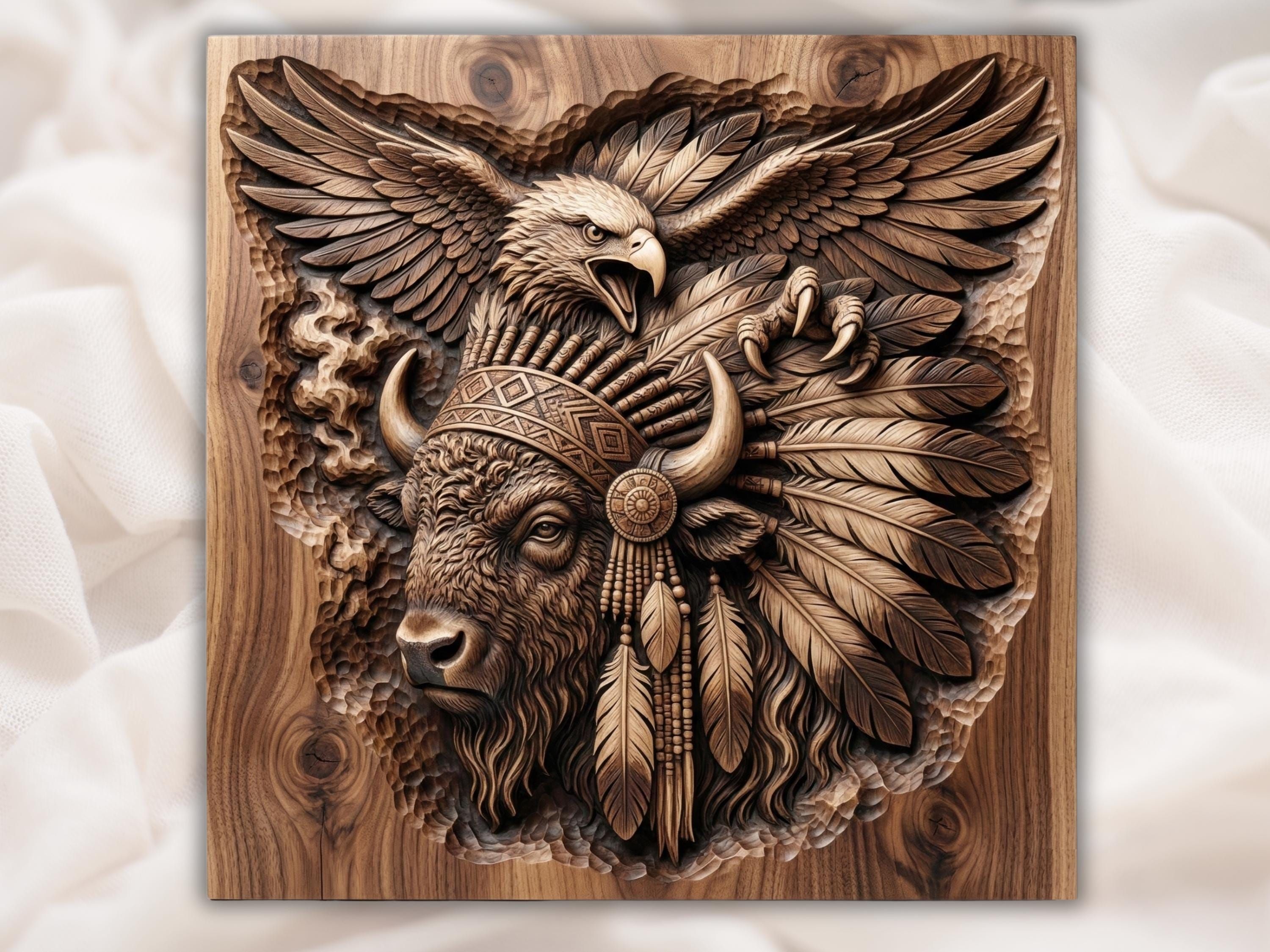 Carved wood bas-relief of a screaming eagle above a buffalo head with tribal feathers, beadwork, and a horn.