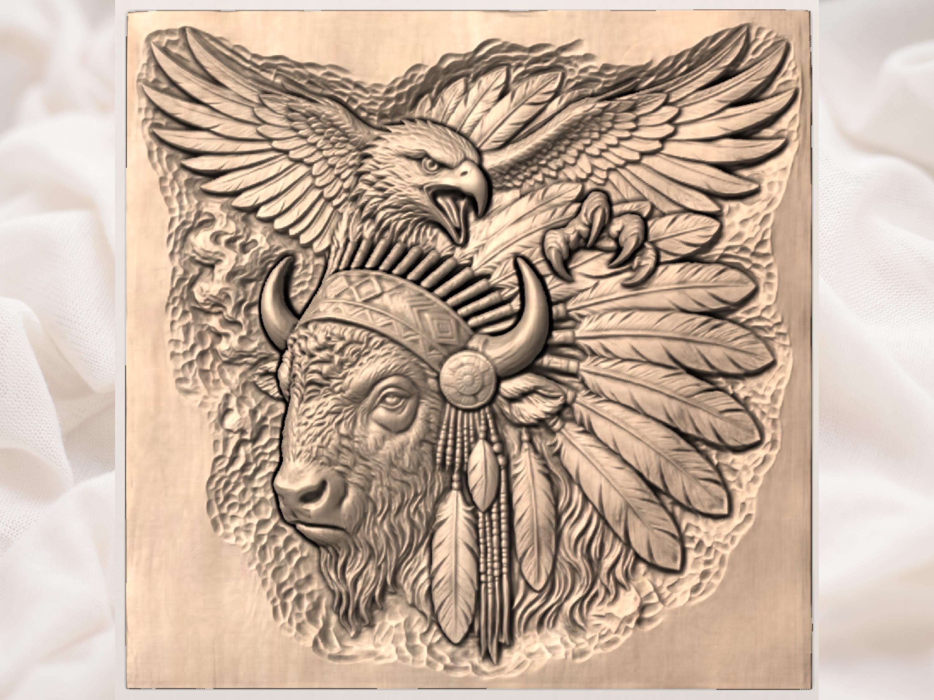 Eagle and Buffalo Tribal Spirit Bas-Relief Carving bas-relief STL — view 2