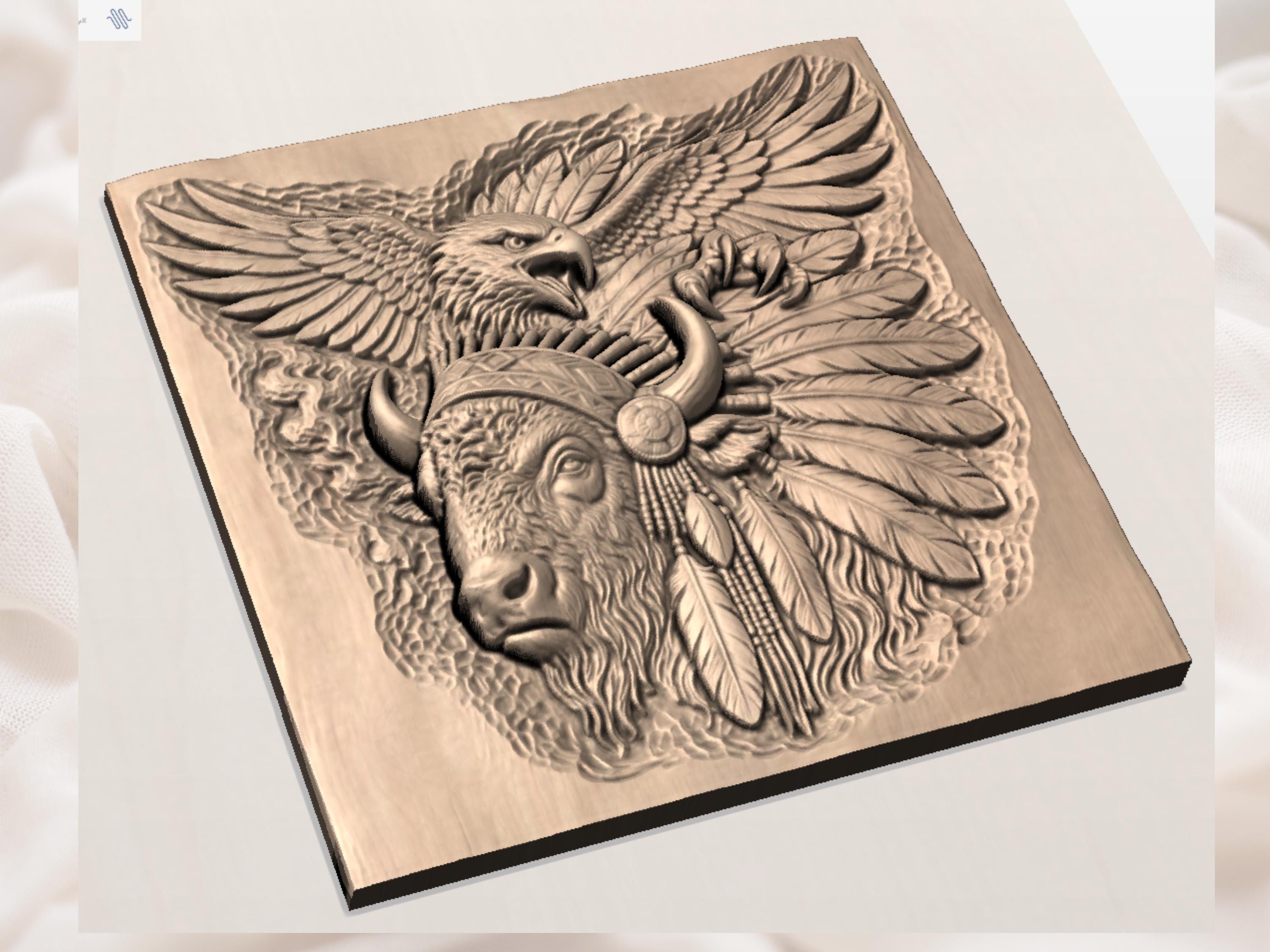 Eagle and Buffalo Tribal Spirit Bas-Relief Carving bas-relief STL — view 3