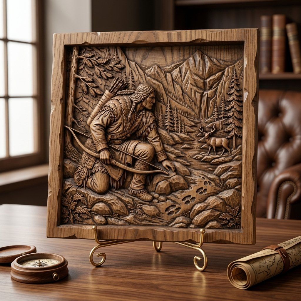 Native American Hunter Tracking Deer CNC Relief STL bas-relief STL — view 3