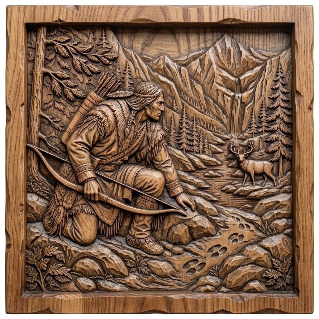 Native American Hunter Tracking Deer CNC Relief STL bas-relief STL — view 14
