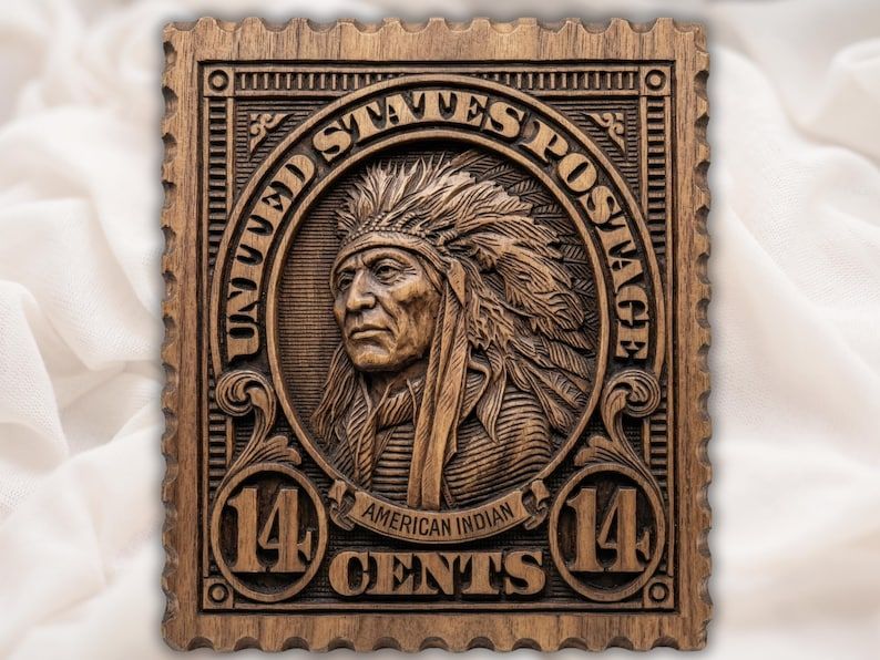 Carved wood bas-relief of a Native American chief in feather headdress on a 14-cent United States postage stamp