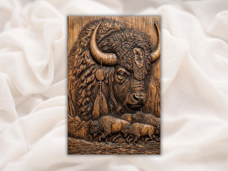 Carved wood relief of a bison head with a beaded feather and a small running herd below
