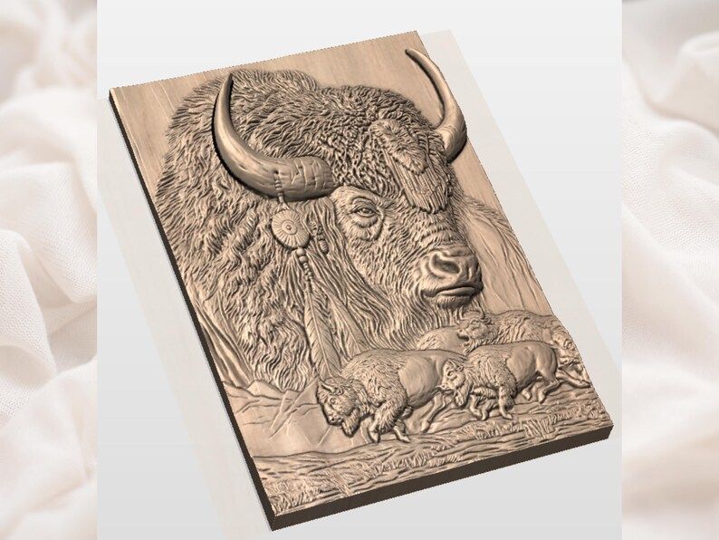 Bison Head and Running Herd Bas-Relief STL with Tribal Feathers bas-relief STL — view 2