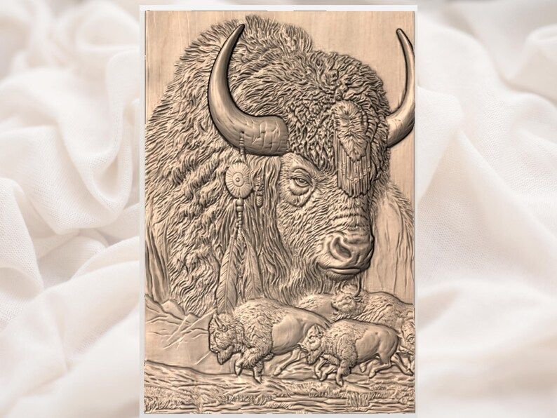 Bison Head and Running Herd Bas-Relief STL with Tribal Feathers bas-relief STL — view 3