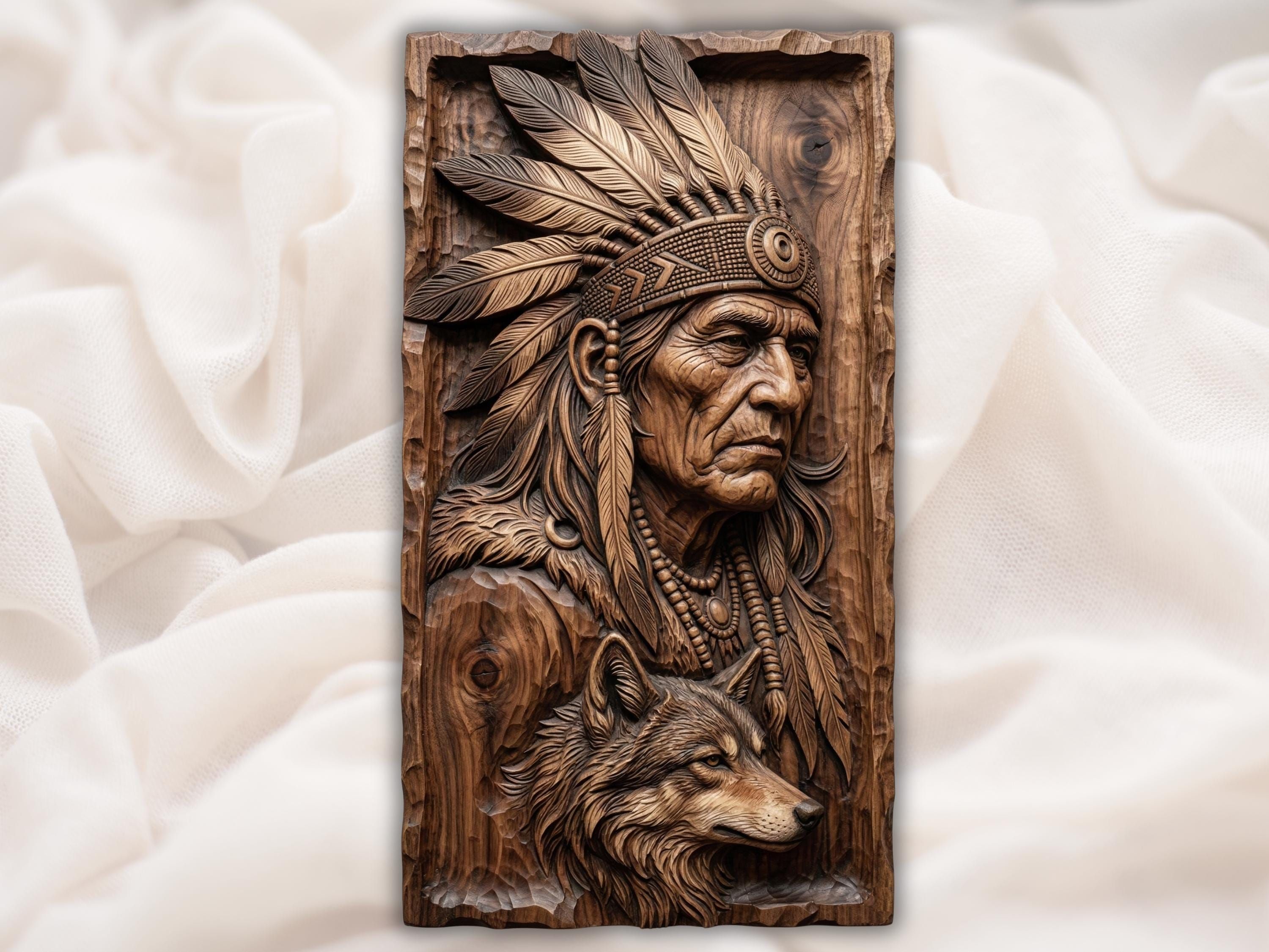 Carved wood bas-relief of a Native American chief in a feather headdress with a wolf below him.