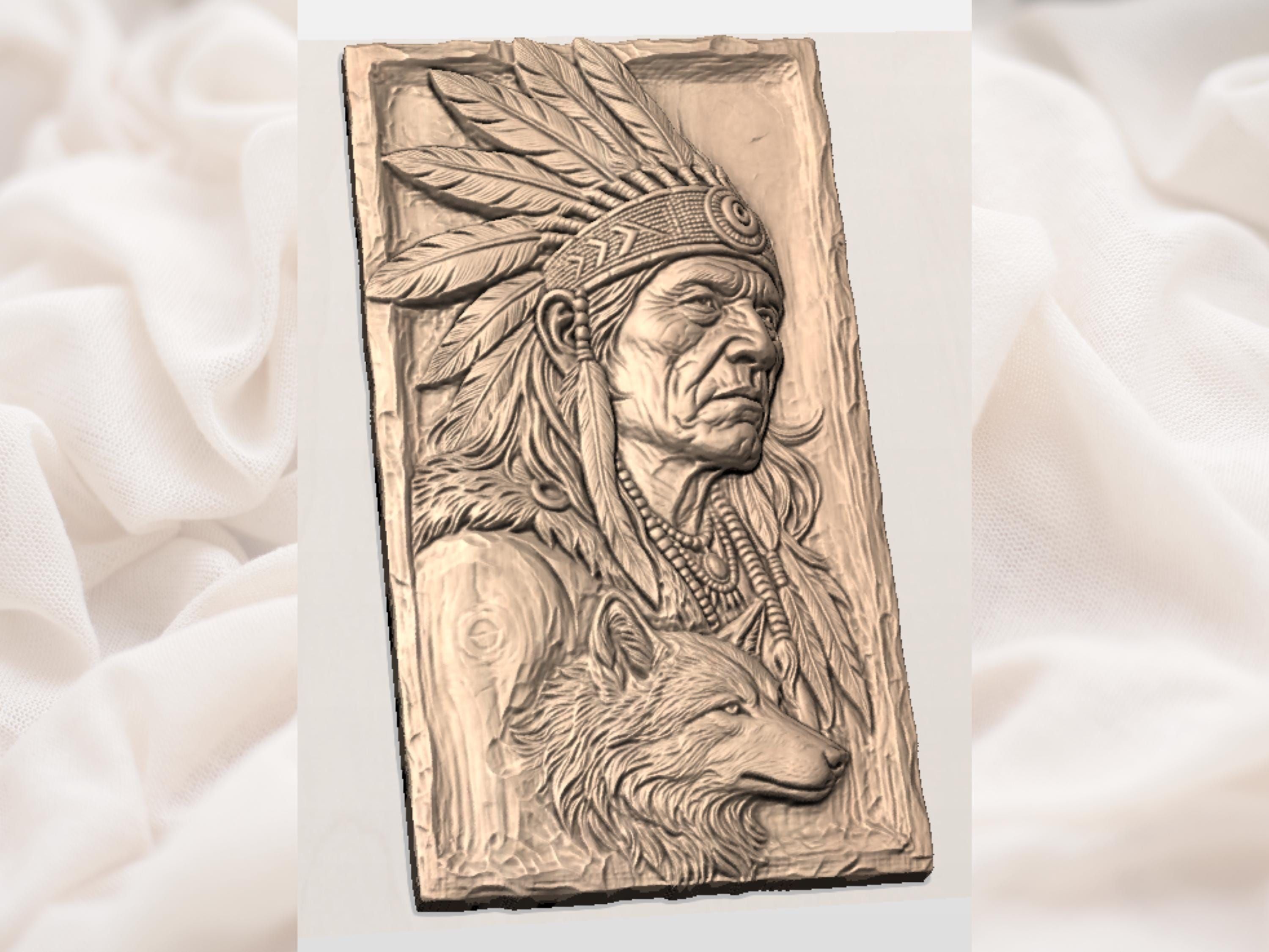 Native Chief and Wolf Spirit Bas-Relief STL for CNC bas-relief STL — view 2