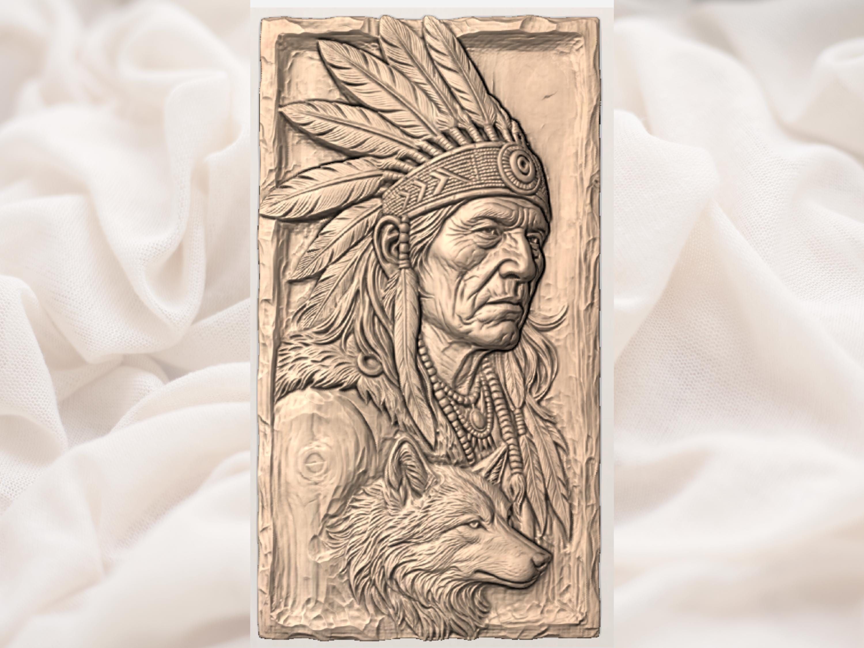 Native Chief and Wolf Spirit Bas-Relief STL for CNC bas-relief STL — view 3