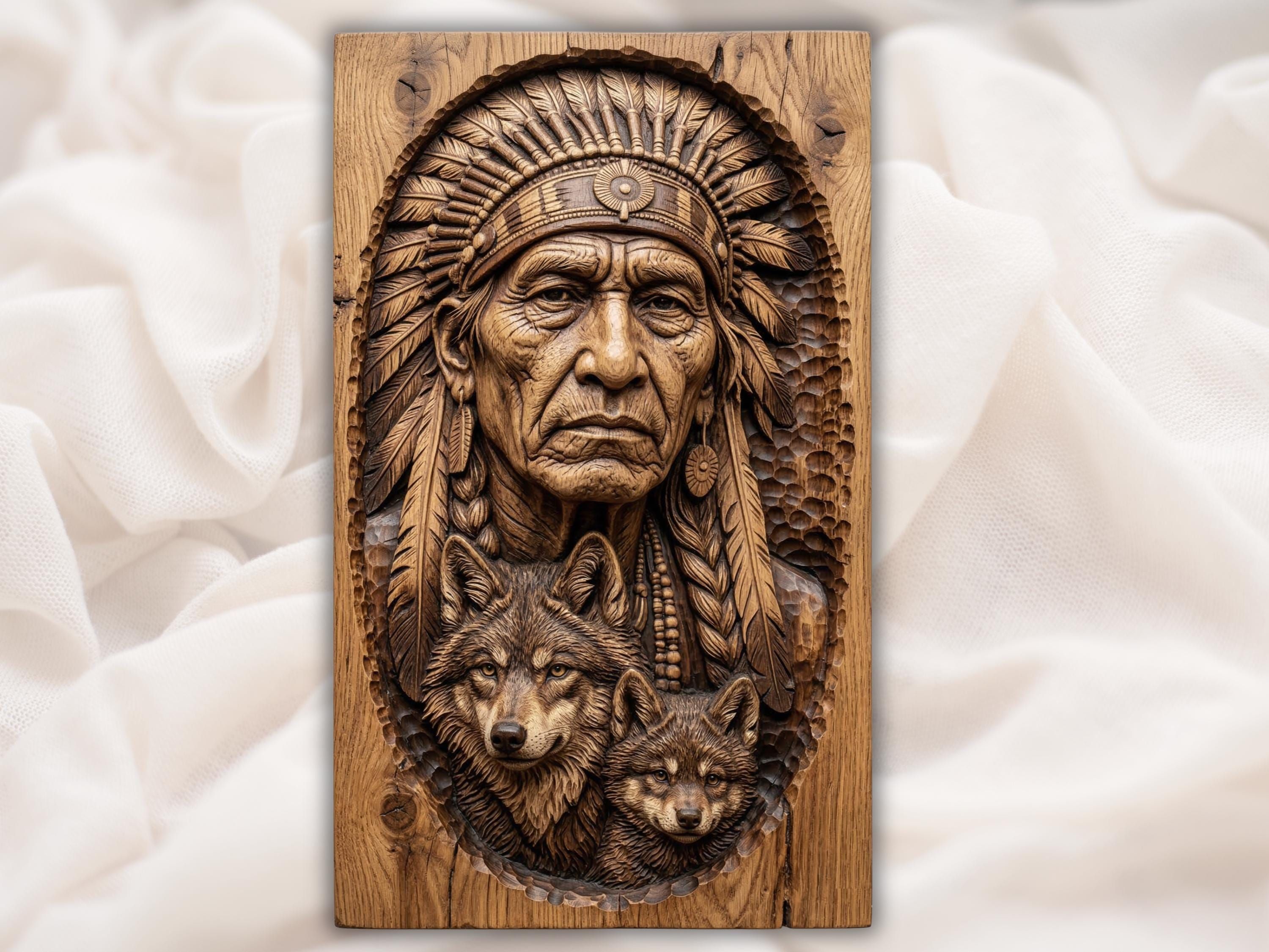 Carved wood bas-relief of a Native American elder in a feather headdress above two wolves