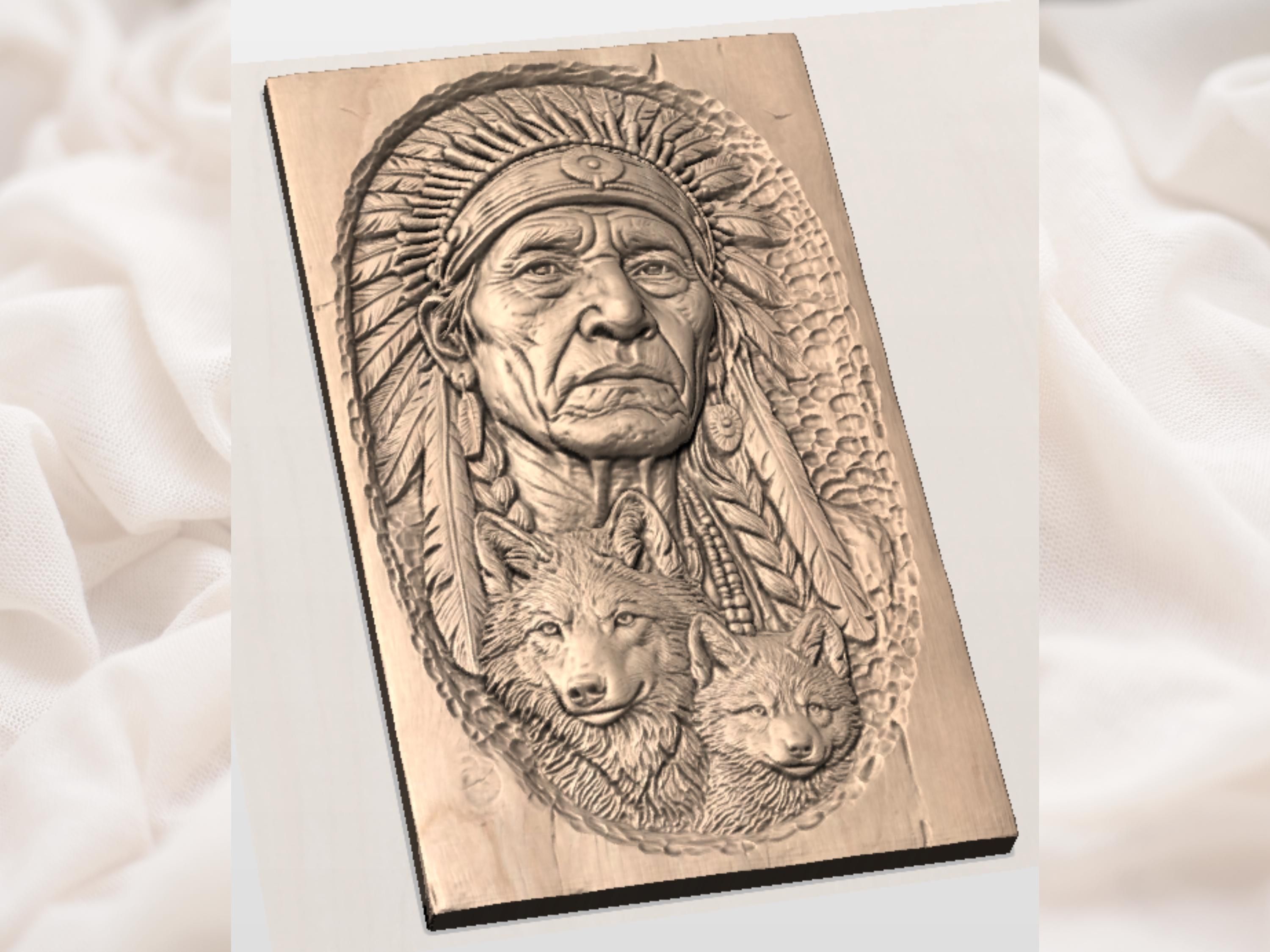 Native Elder with Two Wolves Bas-Relief Carving STL bas-relief STL — view 2