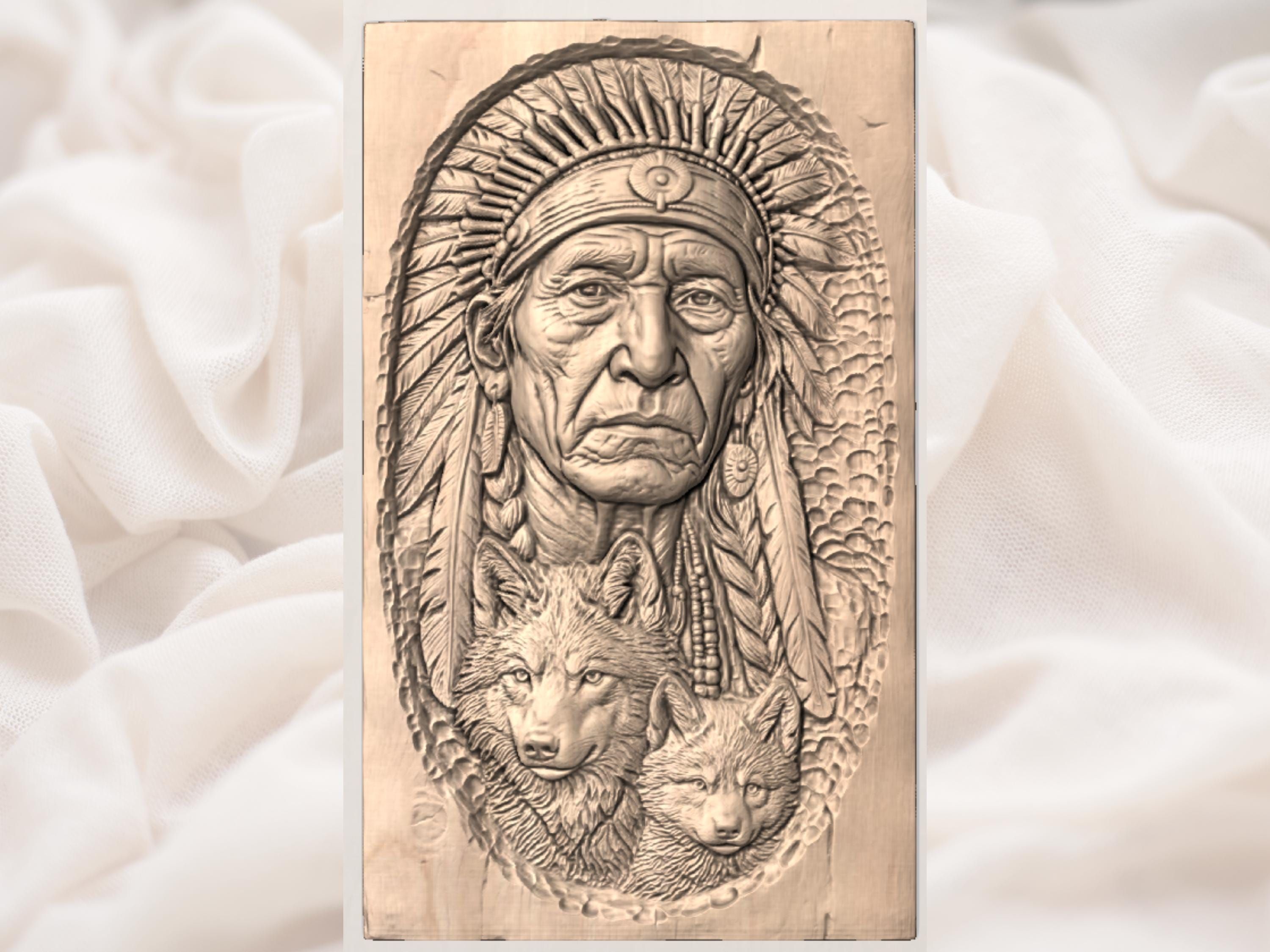 Native Elder with Two Wolves Bas-Relief Carving STL bas-relief STL — view 3
