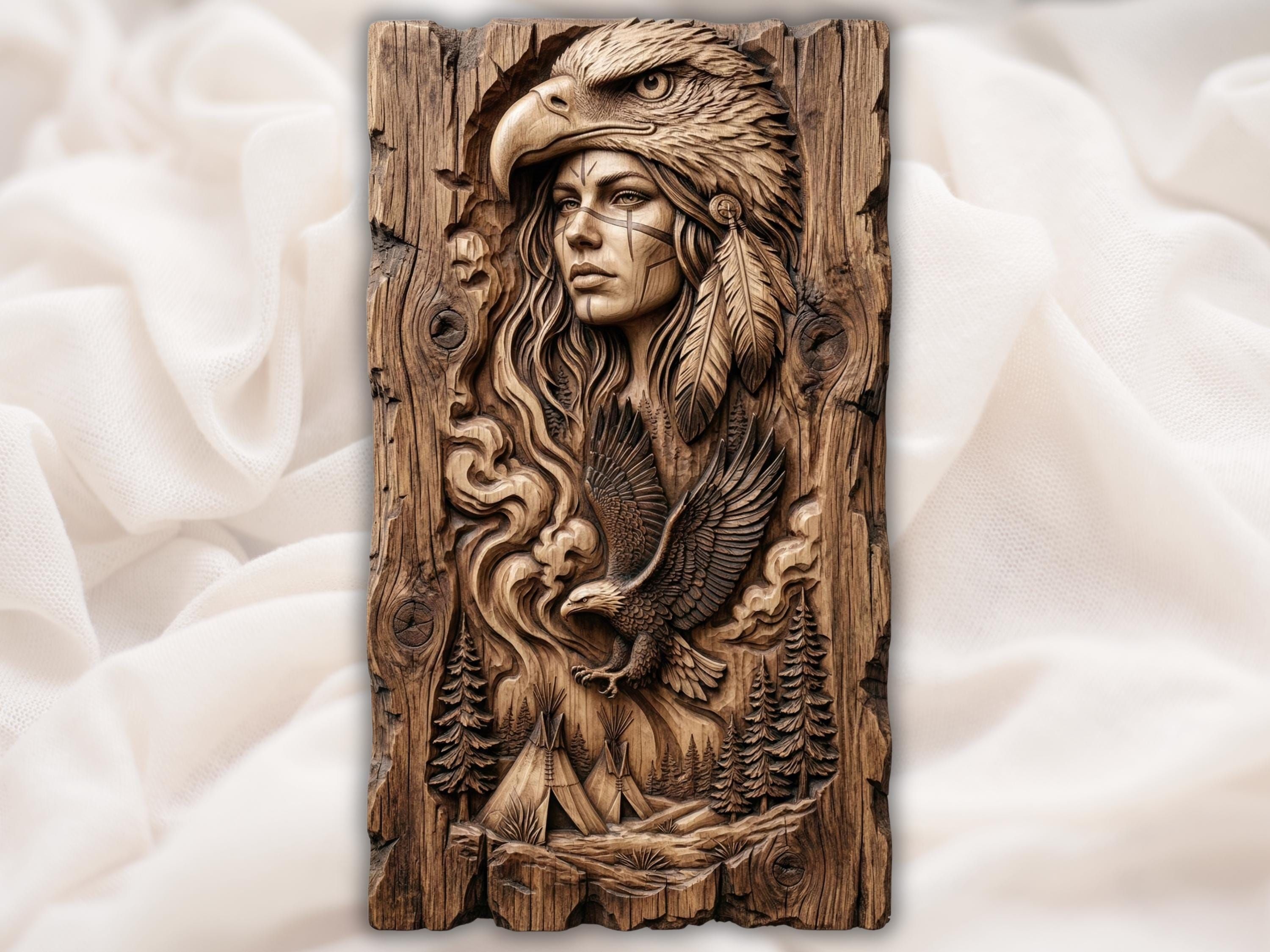 Bas-relief carving of a Native woman in an eagle headdress above a soaring eagle, teepees, and pine forest.