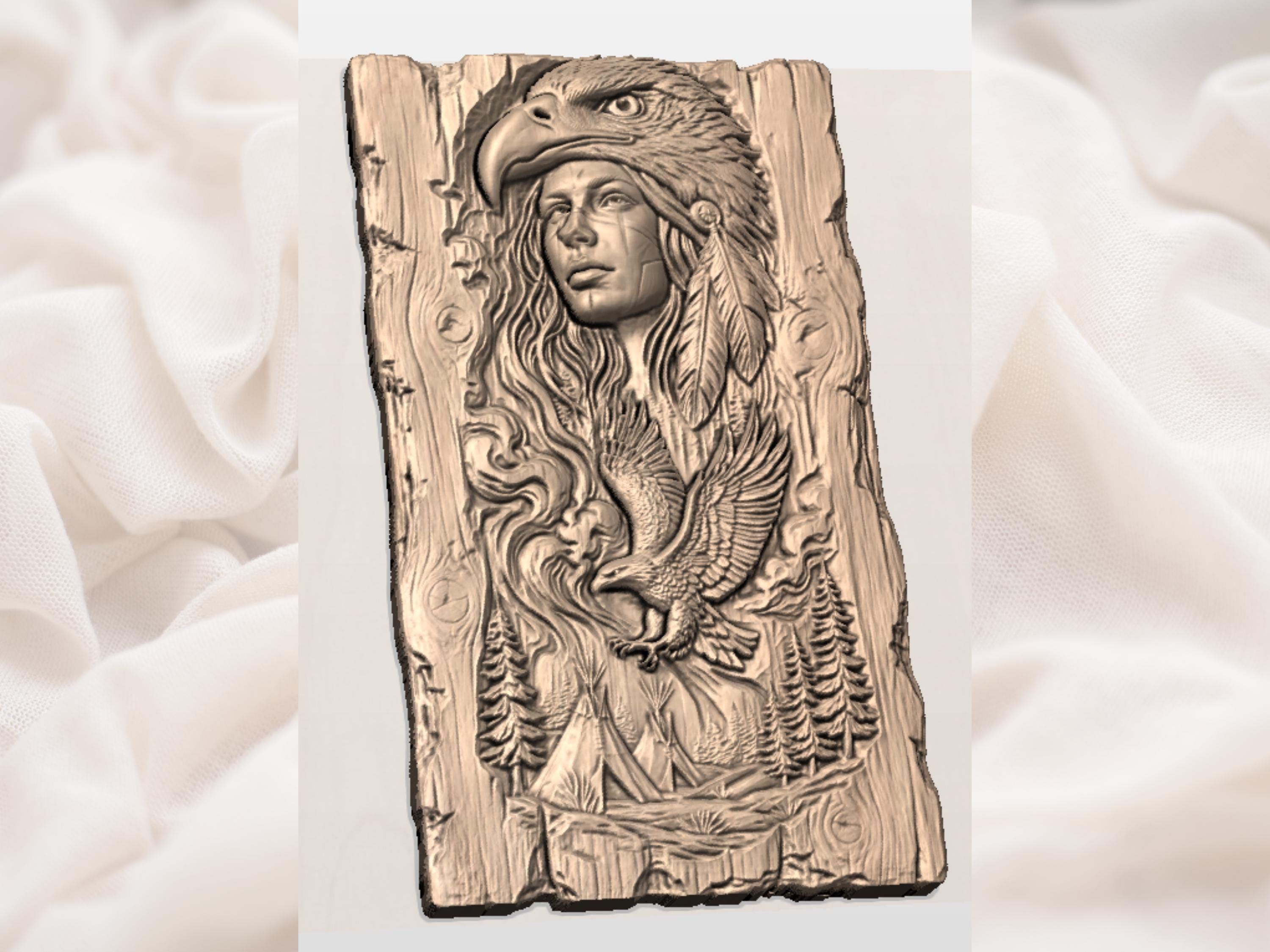 Eagle Headdress Warrior Woman Bas-Relief with Soaring Eagle STL bas-relief STL — view 2