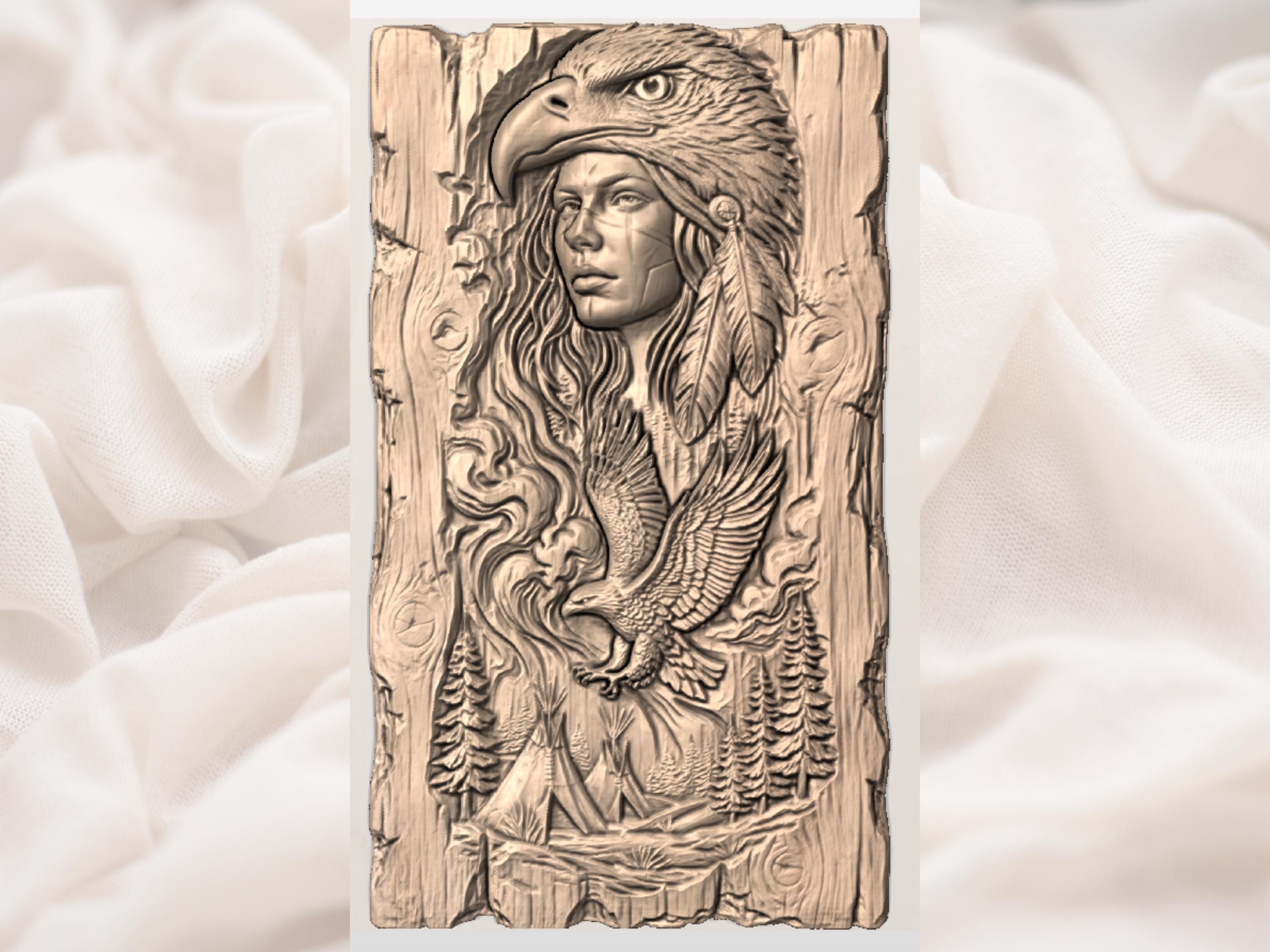 Eagle Headdress Warrior Woman Bas-Relief with Soaring Eagle STL bas-relief STL — view 3