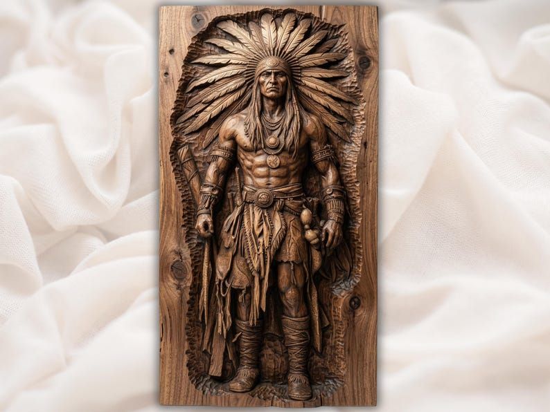 Bas-relief wood carving of a standing Native American chief wearing a full feather headdress and buckskin