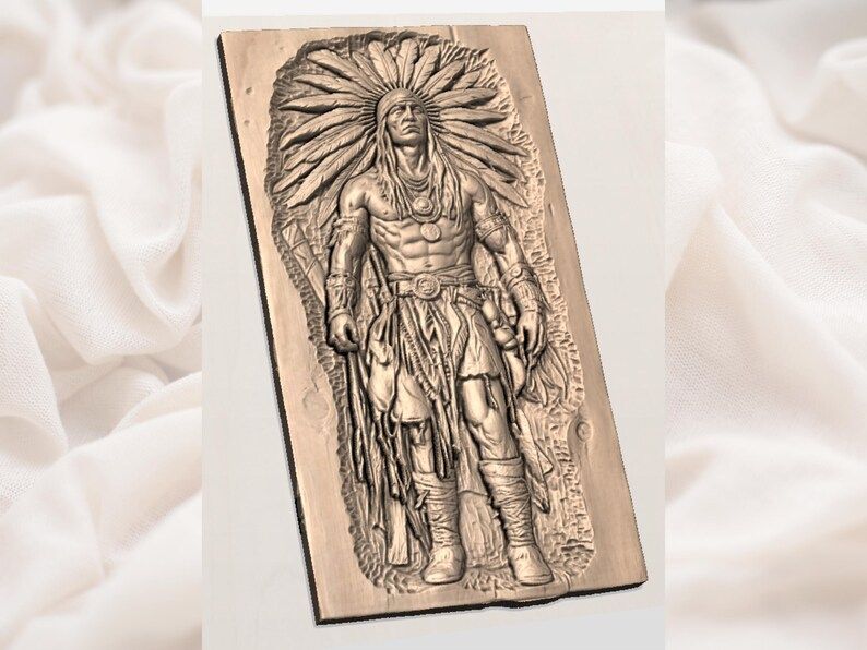 Standing Native Chief in Feather Headdress Bas-Relief STL bas-relief STL — view 2