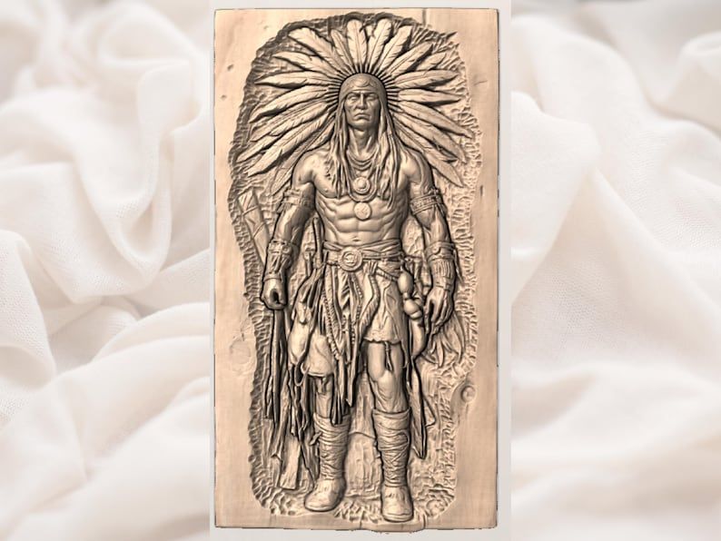Standing Native Chief in Feather Headdress Bas-Relief STL bas-relief STL — view 3