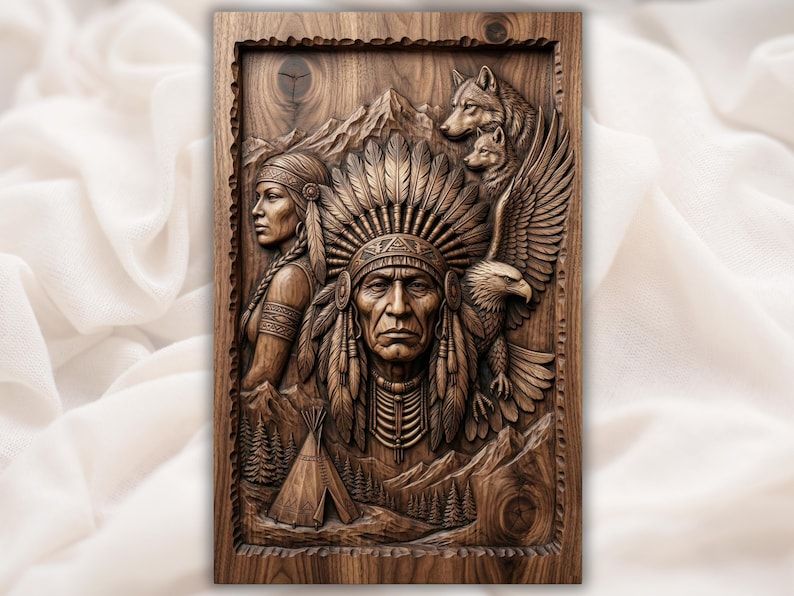 Carved wood relief of a Native American chief in feather headdress with wolves, an eagle, a woman, mountains, and a teepee.
