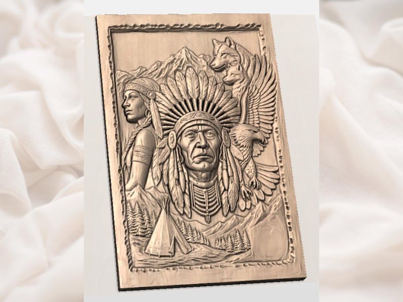 Native Chief and Spirit Animals Bas-Relief Carving STL bas-relief STL — view 2