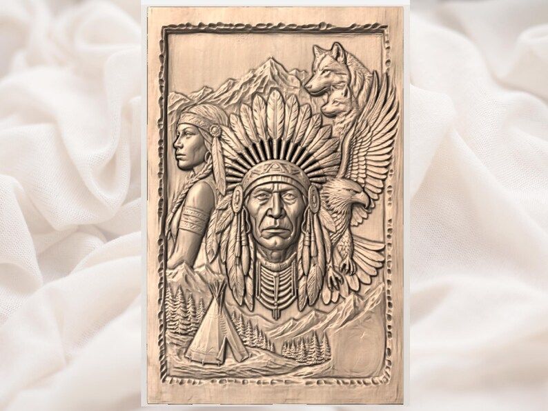 Native Chief and Spirit Animals Bas-Relief Carving STL bas-relief STL — view 3
