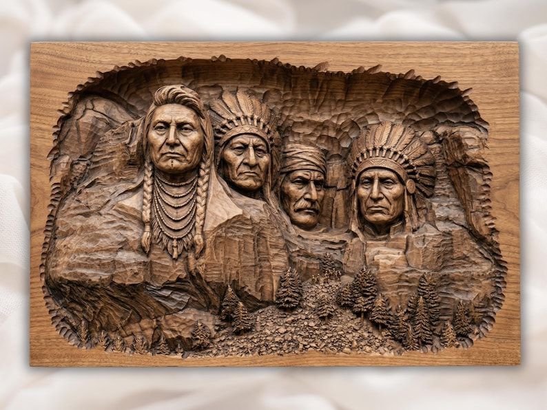 Bas-relief wood carving of four Native American chiefs in headdresses set into a mountain cliff with pine trees