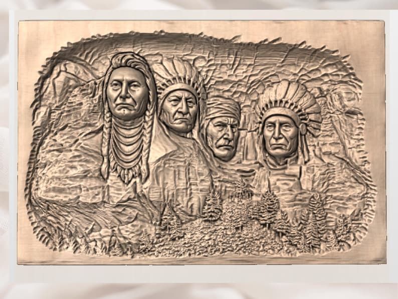 Four Native Chiefs Carved Into Cliff Rock, Bas-Relief STL bas-relief STL — view 3