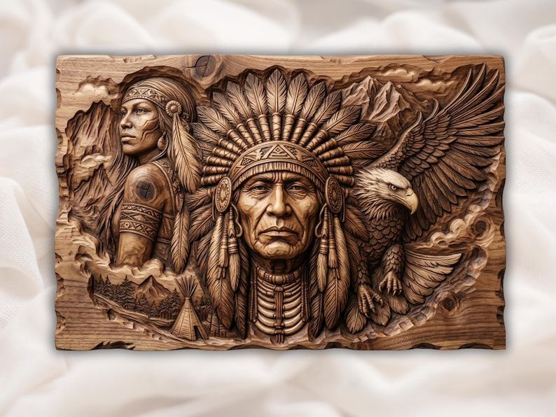 Carved wood relief of a Native chief in feather headdress with a woman, a flying eagle, mountains and a teepee camp