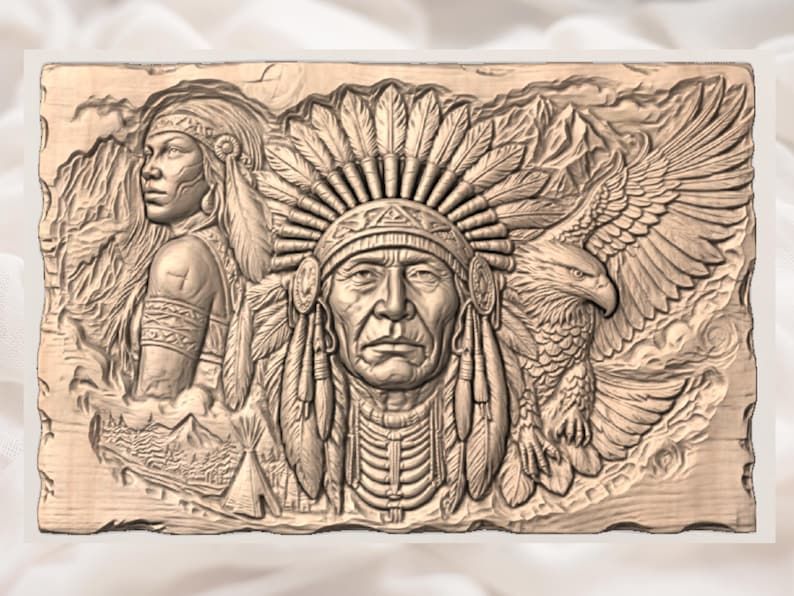 Tribal Chief, Eagle and Mountain Camp Bas-Relief STL bas-relief STL — view 3