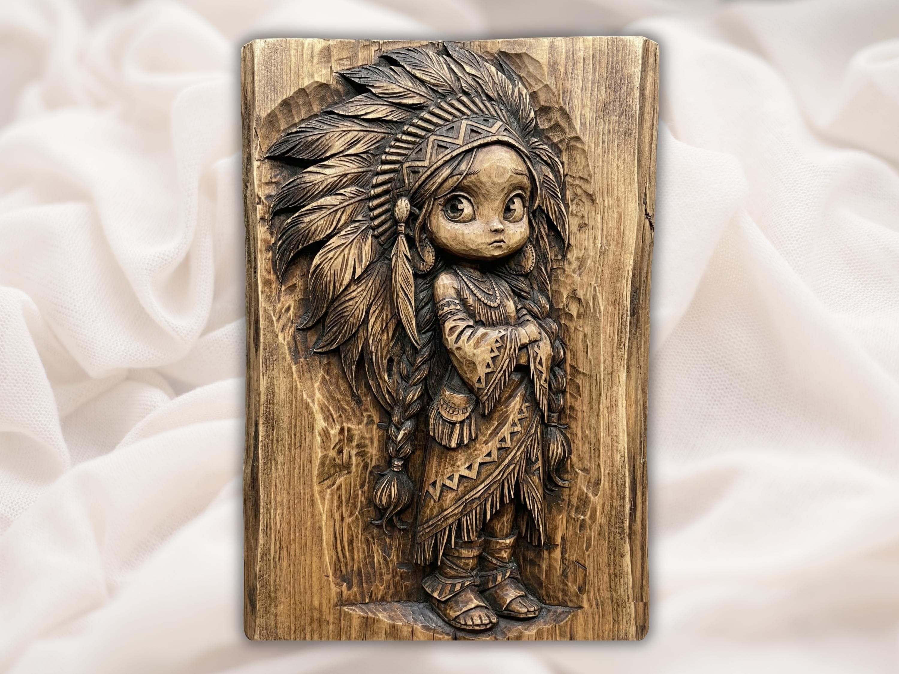 Carved wood bas-relief of a young Native American girl wearing a tall feather headdress and patterned fringed dress.