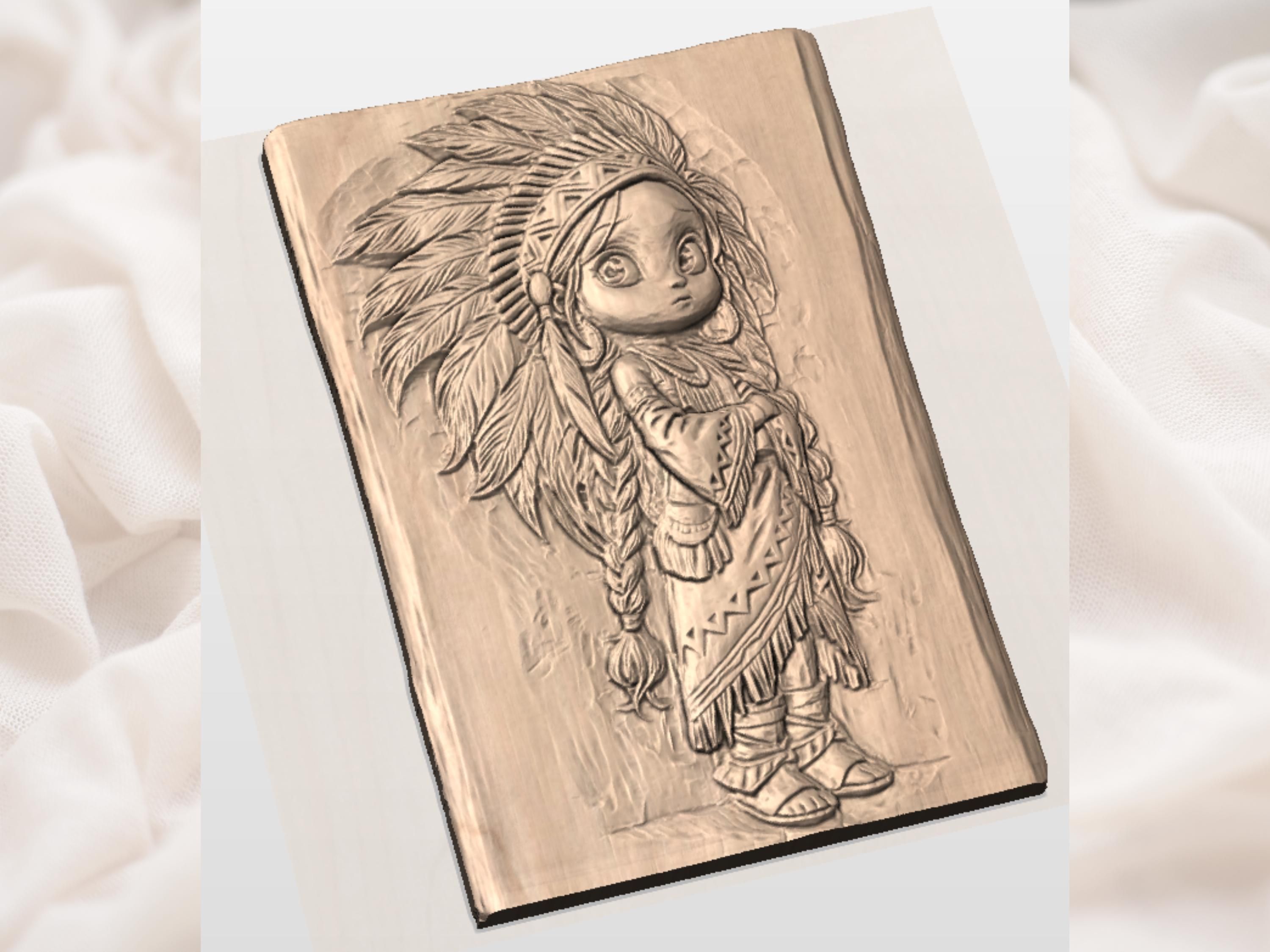 Little Native Girl in Feather Headdress Bas-Relief STL bas-relief STL — view 2