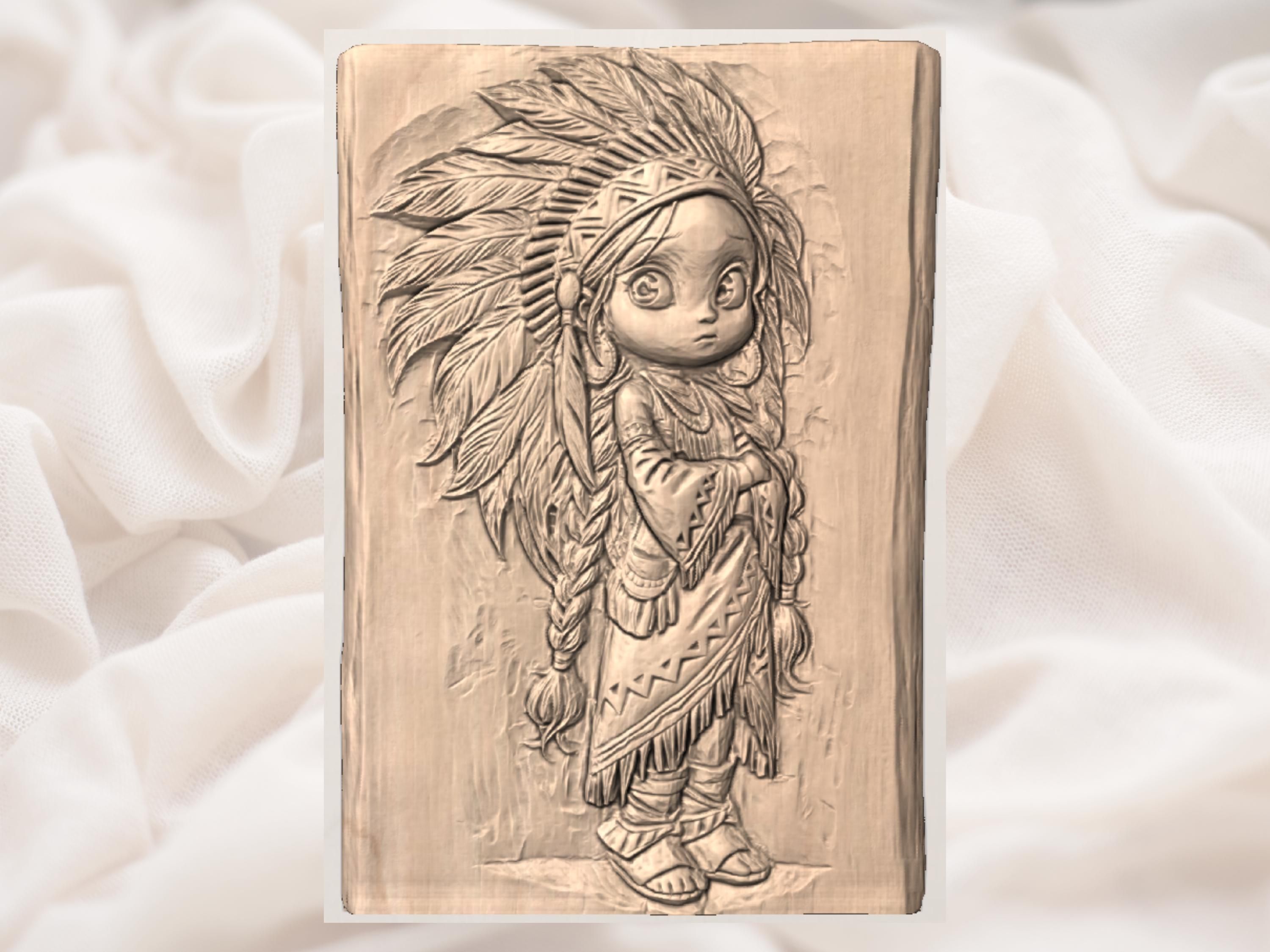 Little Native Girl in Feather Headdress Bas-Relief STL bas-relief STL — view 3