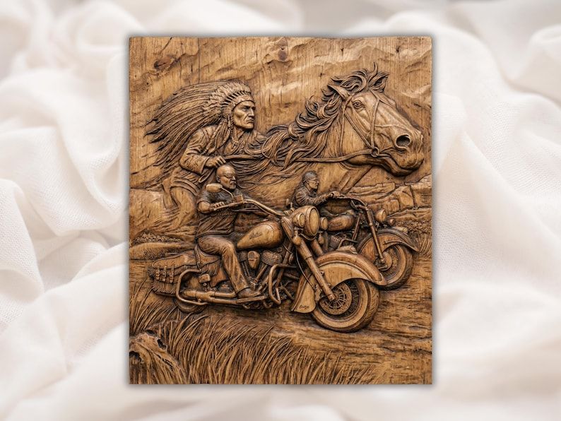 Carved wood relief of a Native American warrior in headdress, a galloping horse, and two motorcycle riders.