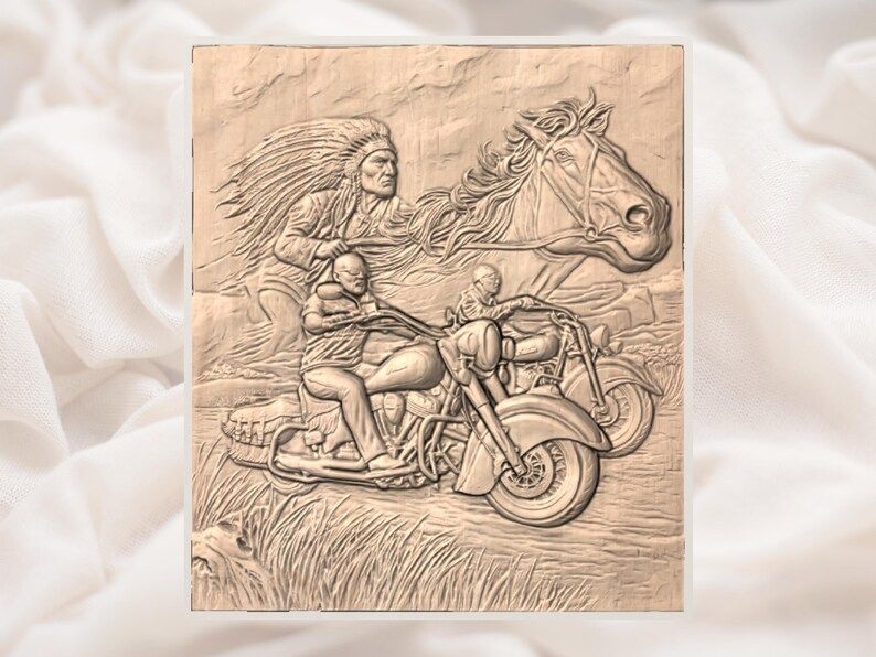 Native Warrior, Spirit Horse and Motorcycle Riders Relief STL bas-relief STL — view 2