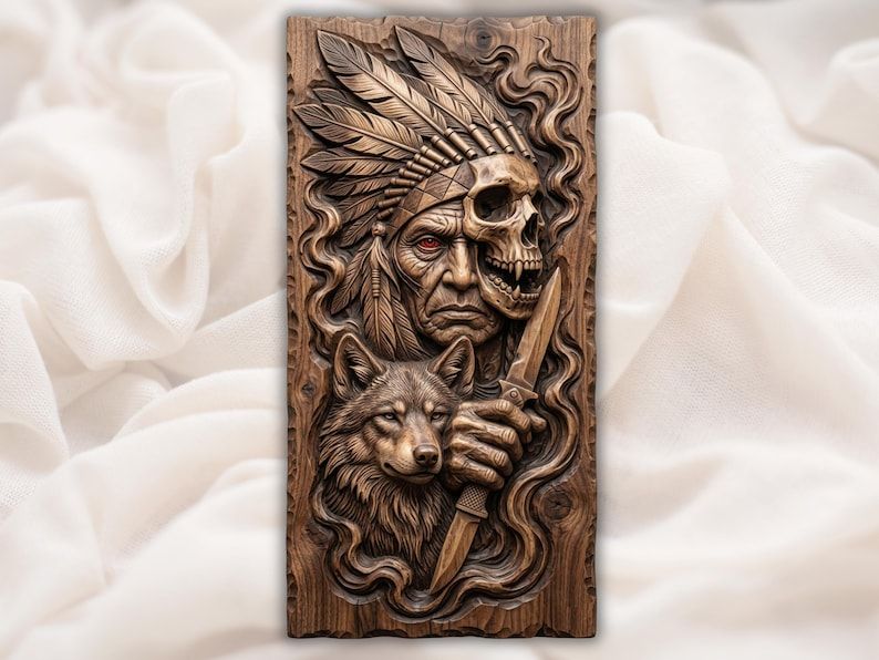 Carved wood relief of a Native warrior face split with a skull, feathered headdress, knife, and wolf.