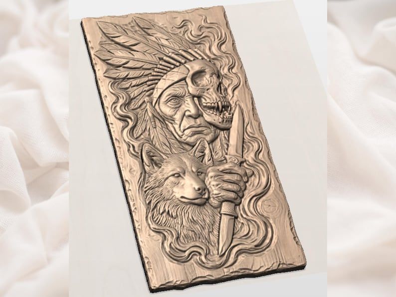 Warrior Skull, Wolf, and Knife Tribal Bas-Relief STL bas-relief STL — view 2