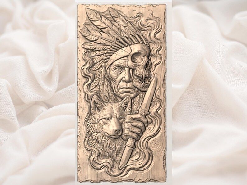Warrior Skull, Wolf, and Knife Tribal Bas-Relief STL bas-relief STL — view 3