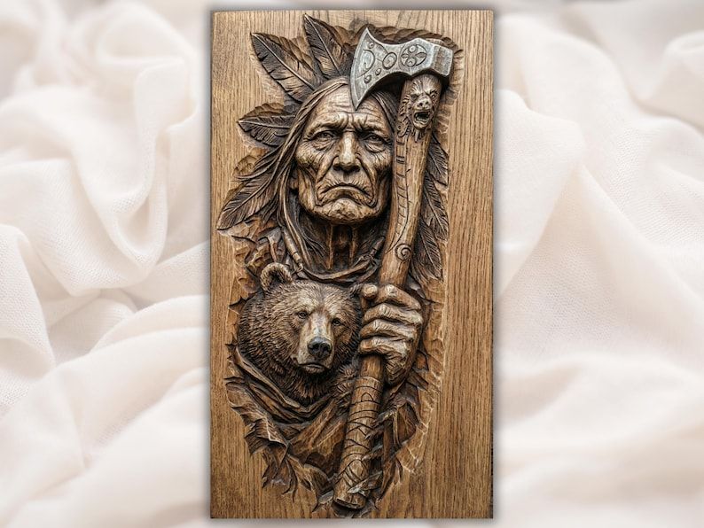 Carved wood bas-relief of a Native American elder warrior with a grizzly bear and feathered war axe