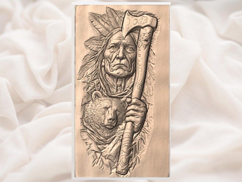 Native Elder Warrior with Bear and War Axe Bas-Relief STL bas-relief STL — view 2