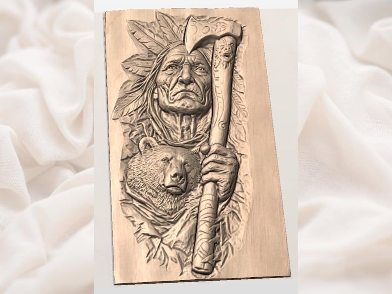 Native Elder Warrior with Bear and War Axe Bas-Relief STL bas-relief STL — view 3