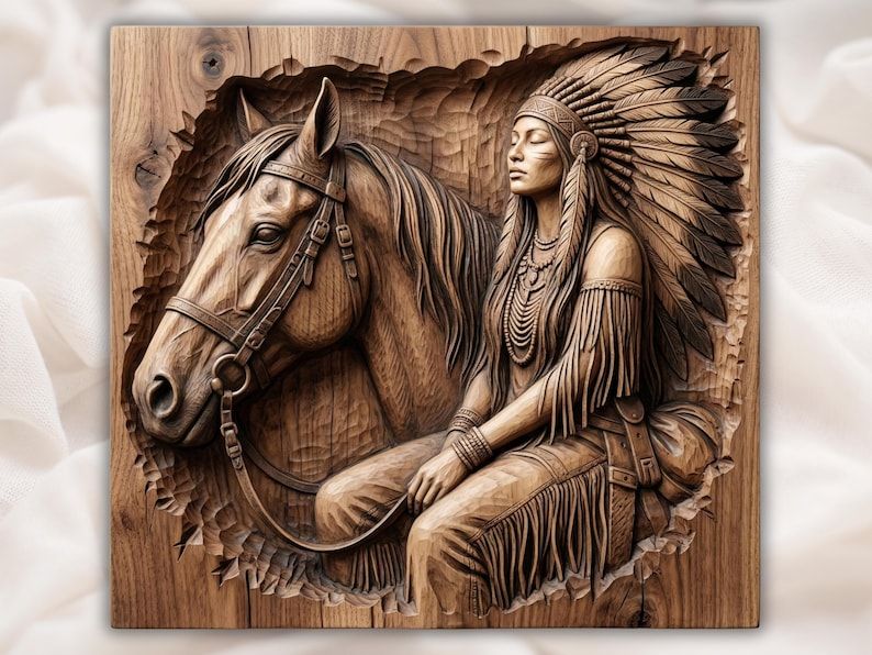 Bas-relief wood carving of a Native woman in a feather headdress seated beside a horse in a broken frame.