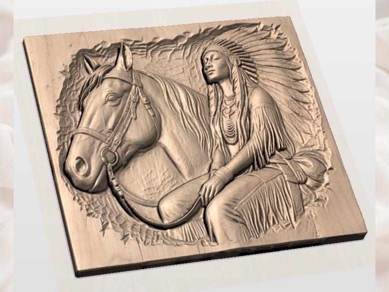 Native Woman and Horse Bas-Relief STL with Feather Headdress bas-relief STL — view 2